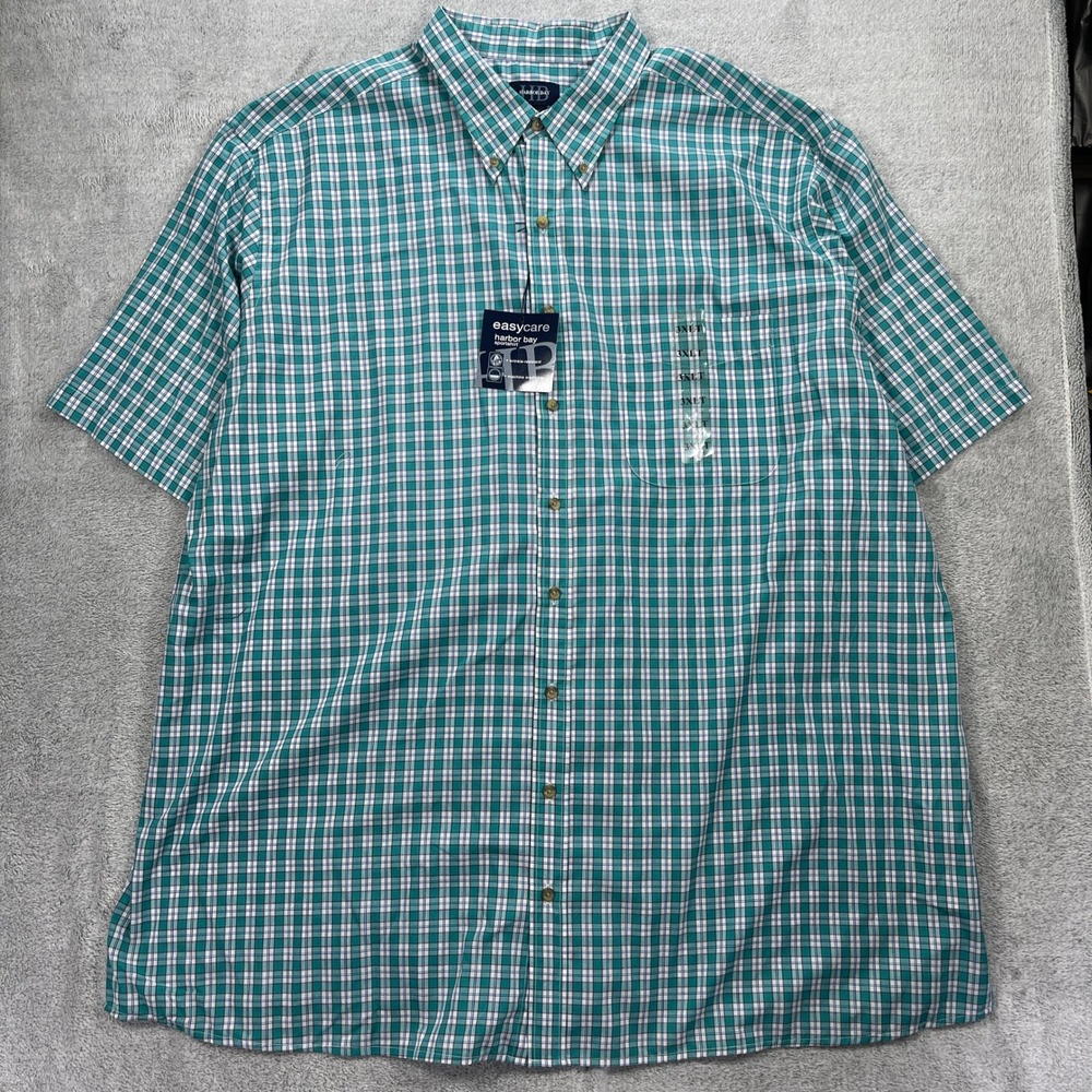 Harbor Bay Shirt Men 3XLT Green White Plaid Easy Care Short Sleeve Button Down
